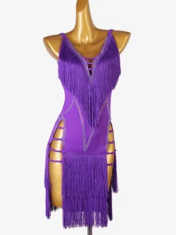 Costume De Danse Latine Violet à Bretelle Robe Fendue Lycra Spandex Pour Femme Noire Costume De Danse Latine Sexy