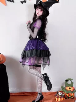 Costume de sorcière gothique d'Halloween en dentelle robe de jeu de rôle de fée noire