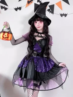 Costume de sorcière gothique d'Halloween en dentelle robe de jeu de rôle de fée noire