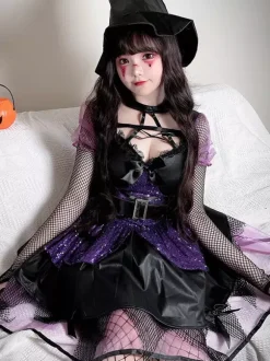 Costume de sorcière gothique d'Halloween en dentelle robe de jeu de rôle de fée noire