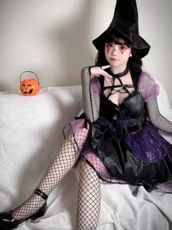 Costume de sorcière gothique d'Halloween en dentelle robe de jeu de rôle de fée noire
