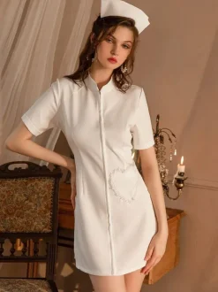 Costume D'infirmière Sexy Blanc Femme Polyester C艙urs Robe T-Back Lingerie