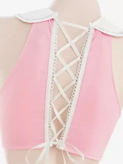 Costume d'infirmière sexy Halloween rose ensemble en polyester pour femmes couvre-chef à dos en T