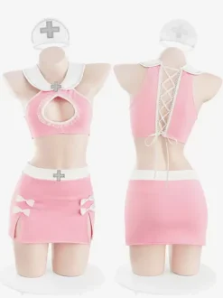 Costume d'infirmière sexy Halloween rose ensemble en polyester pour femmes couvre-chef à dos en T