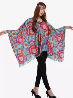 Costume hippie pour femme cape rétro sans manches de Mardi Gras avec couvre-chef
