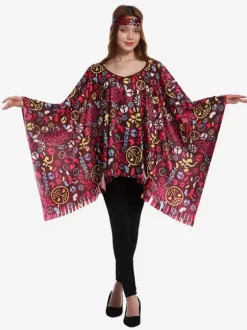 Costume hippie pour femme cape rétro sans manches de Mardi Gras avec couvre-chef