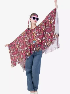 Costume hippie pour femme cape rétro sans manches de Mardi Gras avec couvre-chef