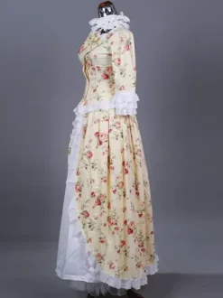 Costume rétro beige pour femme imprimé floral Marie Antoinette volants dentelle polyester robe de bal masqué rétro