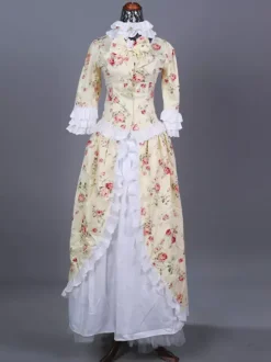 Costume rétro beige pour femme imprimé floral Marie Antoinette volants dentelle polyester robe de bal masqué rétro