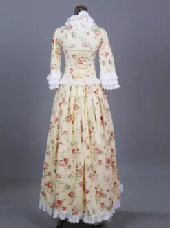 Costume rétro beige pour femme imprimé floral Marie Antoinette volants dentelle polyester robe de bal masqué rétro
