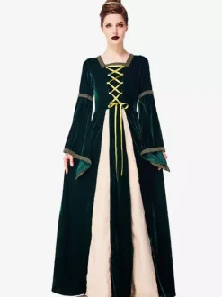 Costumes d'Déguisements Halloween Costume Rétro Imprimé Femmes Vert Foncé au Crochet à lacet Costume Vintage du 18ème Siècle