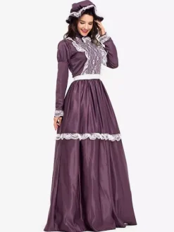 Costumes d'déguisements Halloween Costumes Fuchsia Retro Femmes Costume Arc Dentelle Volants Robe Moyen-Age Vintage Vêtements