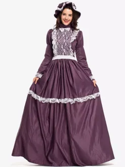 Costumes d'déguisements Halloween Costumes Fuchsia Retro Femmes Costume Arc Dentelle Volants Robe Moyen-Age Vintage Vêtements