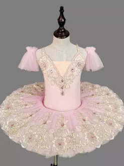 Costumes de danse de ballet pour enfants Robe tutu à épaules ouvertes en dentelle brodée bleu ciel clair