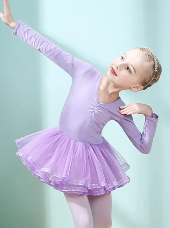 Costumes de danse de ballet Lavande danseuse pour enfants découpée à volants oeuvre plissée en mélange de coton robe tunique vêtements de danse costume de danse