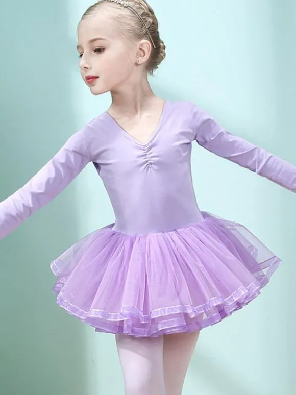 Costumes de danse de ballet Lavande danseuse pour enfants découpée à volants oeuvre plissée en mélange de coton robe tunique vêtements de danse costume de danse