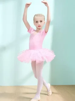 Costumes de danse de ballet Danseuse pour enfants rose pour fille volants découpés robe en mélange de coton plissée à pois tenue de performance tunique costume de danse