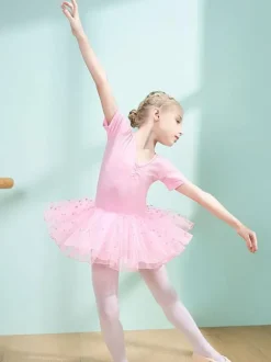 Costumes de danse de ballet Danseuse pour enfants rose pour fille volants découpés  robe en mélange de coton plissée à pois  tenue de performance tunique costume de danse