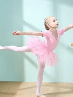 Costumes de danse de ballet Danseuse pour enfants rose pour fille volants découpés  robe en mélange de coton plissée à pois  tenue de performance tunique costume de danse