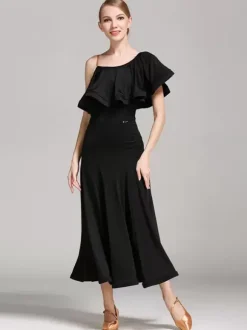 Costumes de danse de salon noir femmes sexy col asymétrique robe en polyester volants vêtements de danse asymétriques