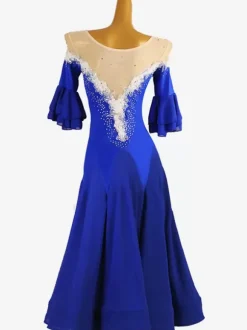 Costumes de danse de salon bleu royal femme col bijou Lycra Spandex robe fleurs robe de danse