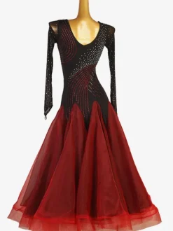 Costumes De Danse De Salon Manches Longues Robe Noir Rouge Femmes Élégantes Robe En Lycra Spandex Strass Robe De Danse