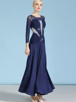 Costumes de danse de salon bleu marine foncé robe en Polyester à col bijou pour femmes vêtements de danse superposés avec strass