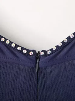 Costumes de danse de salon bleu marine foncé robe en Polyester à col bijou pour femmes vêtements de danse superposés avec strass