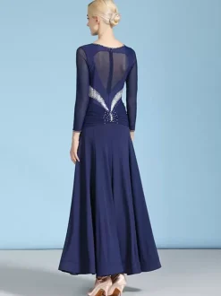 Costumes de danse de salon bleu marine foncé robe en Polyester à col bijou pour femmes vêtements de danse superposés avec strass