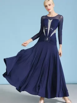 Costumes de danse de salon bleu marine foncé robe en Polyester à col bijou pour femmes vêtements de danse superposés avec strass
