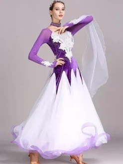 Costumes de danse de salon noir femmes élégant bijou cou robe en Polyester strass dentelle robe de danse superposée