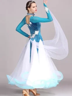 Costumes de danse de salon noir femmes élégant bijou cou robe en Polyester strass dentelle robe de danse superposée