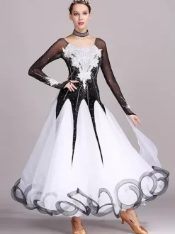 Costumes de danse de salon noir femmes élégant bijou cou robe en Polyester strass dentelle robe de danse superposée