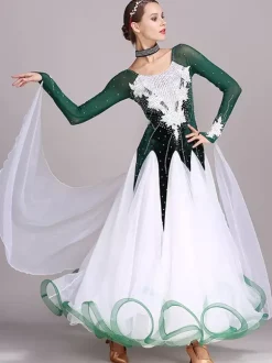 Costumes de danse de salon noir femmes élégant bijou cou robe en Polyester strass dentelle robe de danse superposée