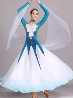 Costumes de danse de salon noir femmes élégant bijou cou robe en Polyester strass dentelle robe de danse superposée