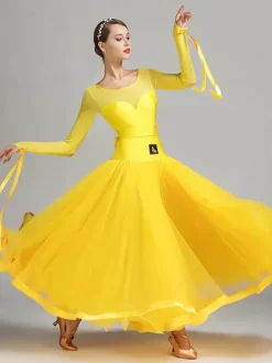 Costumes de danse de salon bleu Royal femmes Sexy Polyester Transparente bijou cou couches volants n艙uds robe robe de danse