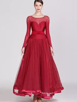 Costumes de danse de salon bleu Royal femmes Sexy Polyester Transparente bijou cou couches volants n艙uds robe robe de danse