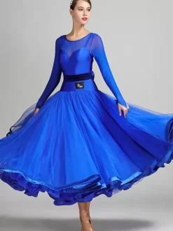 Costumes de danse de salon bleu Royal femmes Sexy Polyester Transparente bijou cou couches volants n艙uds robe robe de danse