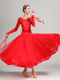 Costumes de danse de salon bleu Royal femmes Sexy Polyester Transparente bijou cou couches volants n艙uds robe robe de danse