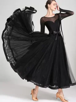 Costumes de danse de salon bleu Royal femmes Sexy Polyester Transparente bijou cou couches volants n艙uds robe robe de danse