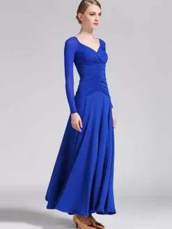 Costumes de danse de salon bleu royal femme élégant col en v robe en polyester plissé soirée
