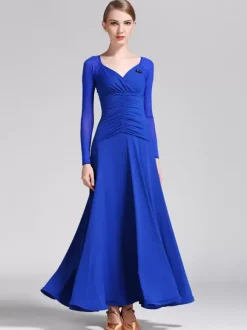 Costumes de danse de salon bleu royal femme élégant col en v robe en polyester plissé soirée