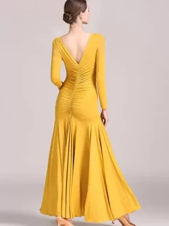 Costumes de danse de salon jaune pour femmes robe Sexy en dentelle transparente col en v en Polyester à volants vêtements de danse superposés