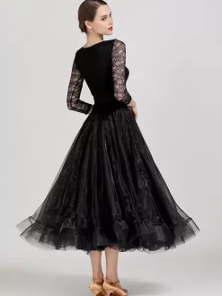 Costumes de danse de salon bleu ciel clair robe en Polyester à col bijou pour femmes robe de danse superposée en dentelle à plusieurs niveaux