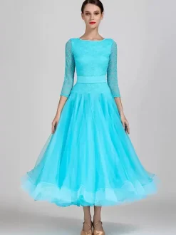 Costumes de danse de salon bleu ciel clair robe en Polyester à col bijou pour femmes robe de danse superposée en dentelle à plusieurs niveaux