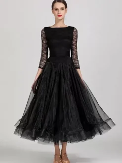 Costumes de danse de salon bleu ciel clair robe en Polyester à col bijou pour femmes robe de danse superposée en dentelle à plusieurs niveaux