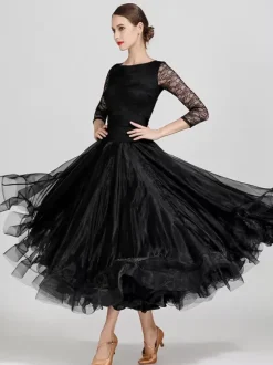 Costumes de danse de salon bleu ciel clair robe en Polyester à col bijou pour femmes robe de danse superposée en dentelle à plusieurs niveaux