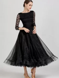 Costumes de danse de salon bleu ciel clair robe en Polyester à col bijou pour femmes robe de danse superposée en dentelle à plusieurs niveaux
