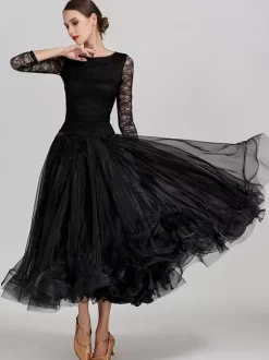 Costumes de danse de salon bleu ciel clair robe en Polyester à col bijou pour femmes robe de danse superposée en dentelle à plusieurs niveaux