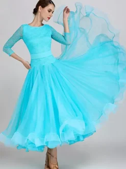 Costumes de danse de salon bleu ciel clair robe en Polyester à col bijou pour femmes robe de danse superposée en dentelle à plusieurs niveaux